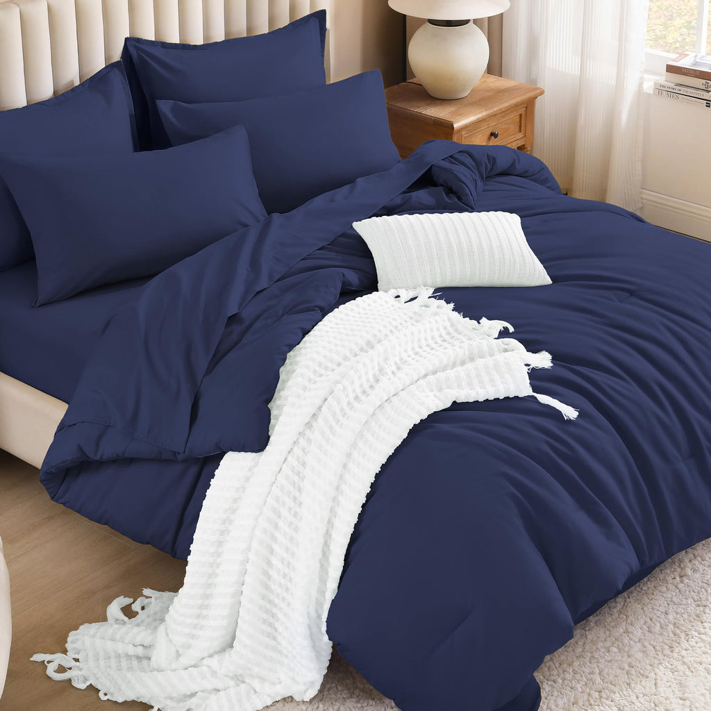 Navy Blue Comforter Set with Sheets - 7 Pieces Bed in a Bag