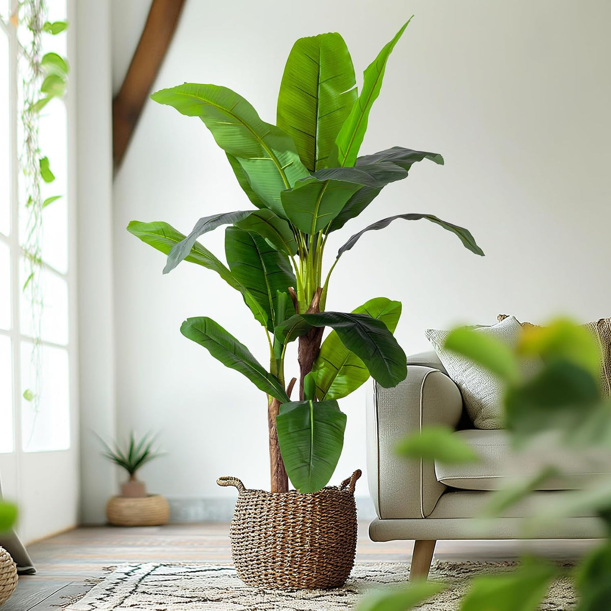 6FT Artificial Banana Tree, Lifelike Fake Banana Leaf Tropical Silk Tree, Easy Assembly Faux Floor Plant with Sturdy