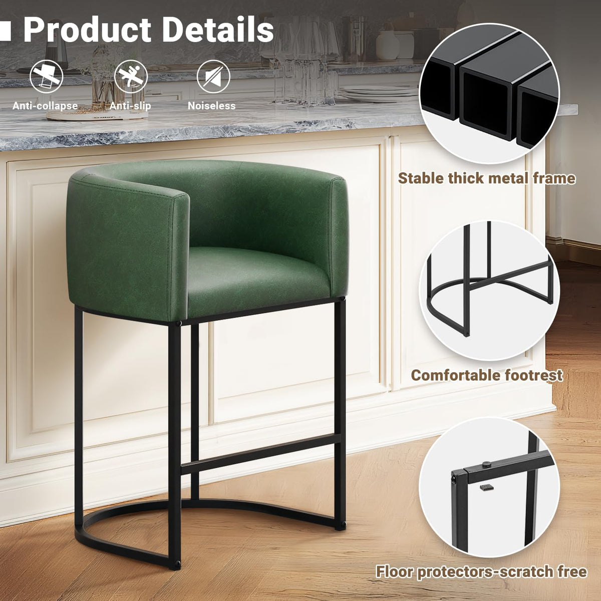 26" H Counter Height Bar Stools Set of 4, Modern Barrel Counter Stools with Backrest and Arms, Faux Leather