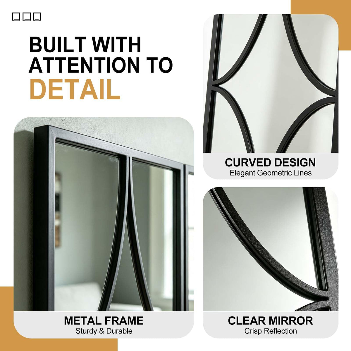 Set of 3 Black Wall Mirrors, Modern Geometric Decorative Mirror Set with Curved Line Design, Contemporary Wall Mirror