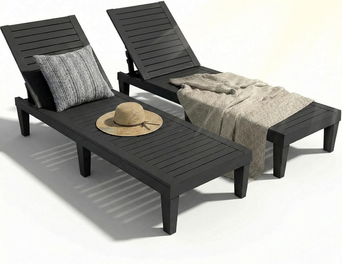 Lounge Chair Outdoor, Set of 2 High-Impact PP Tanning Chairs, Black | All-Weather UV-Resistant & Waterproof Patio