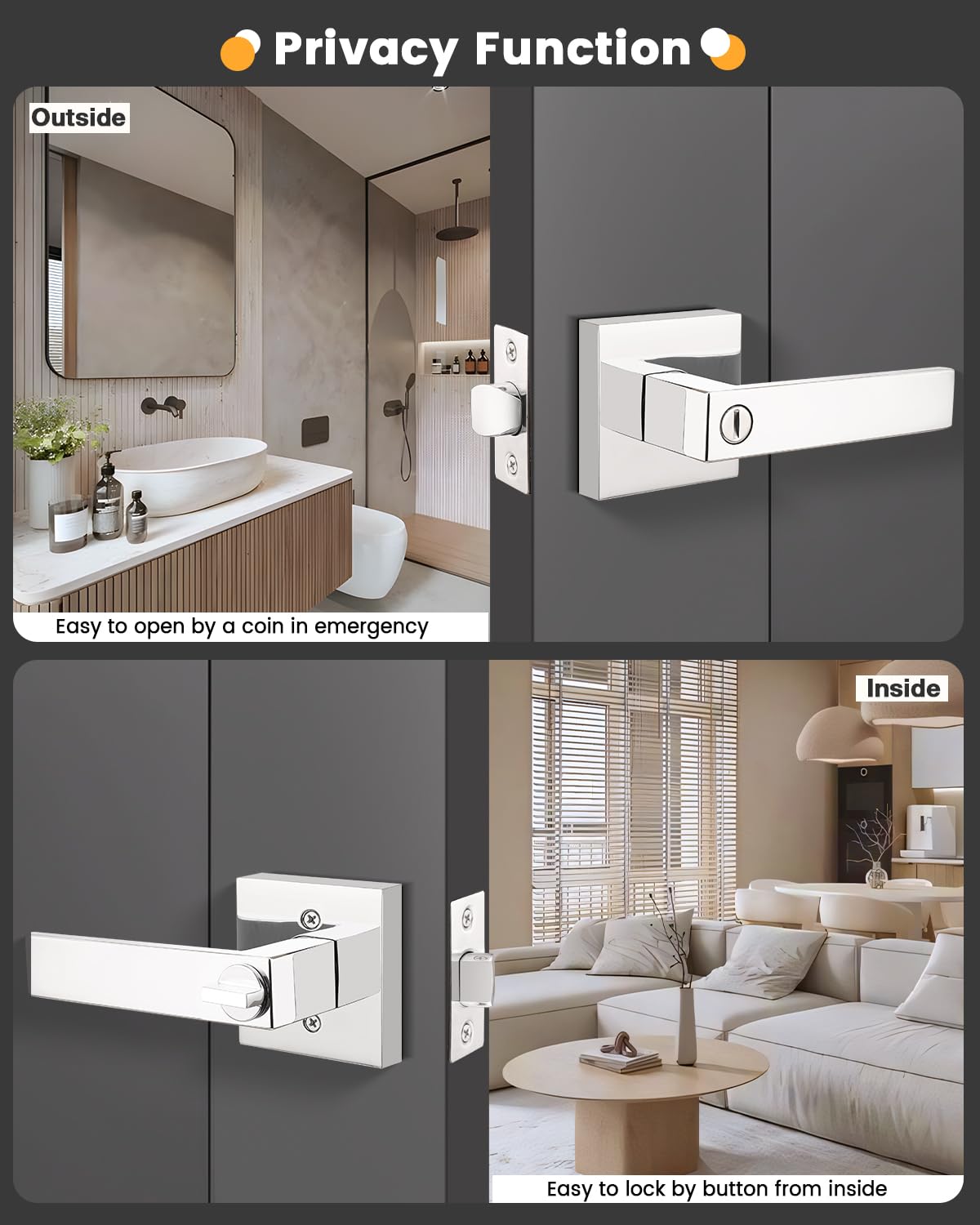 Polished Chrome Bed/Bath Levers Square Privacy Locks 5 Pack
