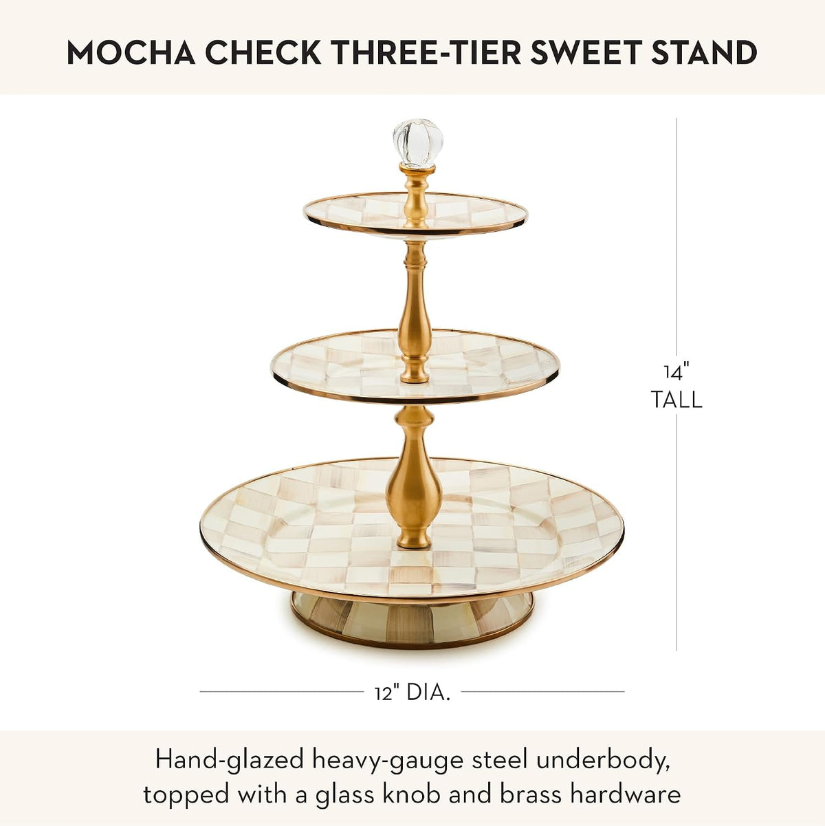 Three-Tier Sweet Stand, Brown-and-White Mocha Check | Hand-painted design, made from enameled steel, three-tiered