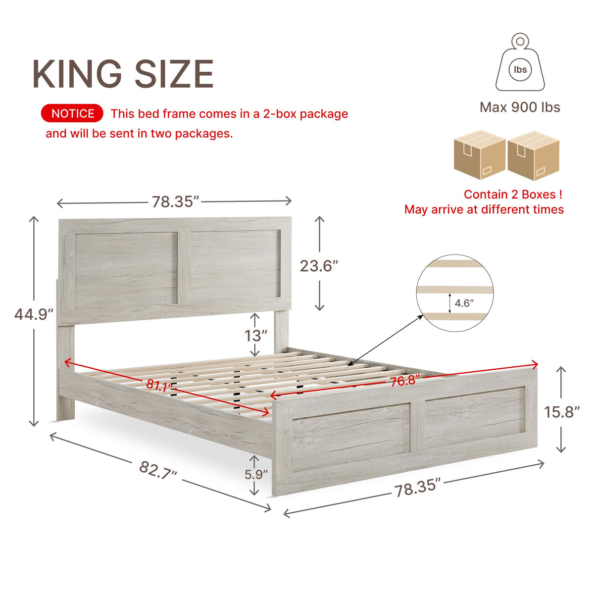 Wood Bed Frame with Headboard and Footboard, Light Gray, King