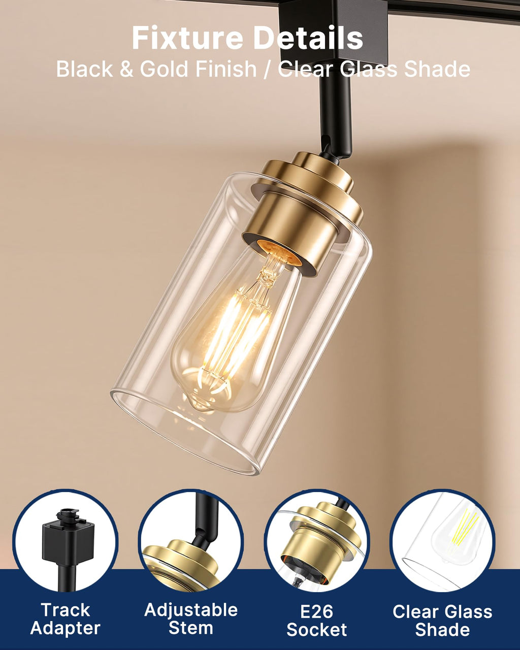 4 Pack H Type Track Lighting Heads, E26 Clear Glass, Black Gold