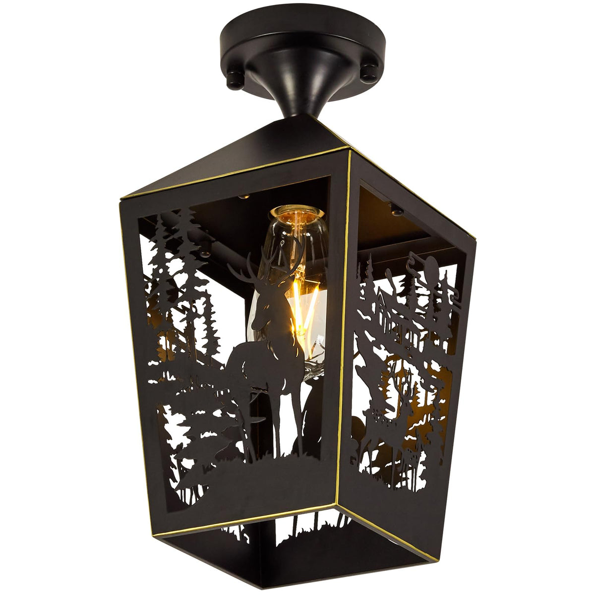 Farmhouse Semi Flush Mount Ceiling Light Fixture, Rustic Black Metal Deer Animal Light Fixtures for Log Cab, Foyer