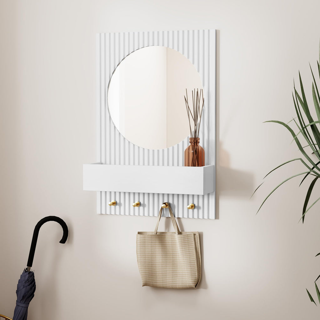 Wood Wall Mirror with Shelf&Hooks, 24"x16" White Wall-Mounted Mirrors with Streamlined Texture Hanging Decorative