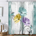 Happy Campers Rustic Farmhouse Shower Curtain, Farm Teal Daisy Floral Flowers on Country Wooden Travel Trailer