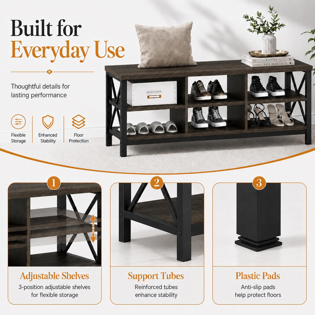 Industrial Shoe Bench with Storage, Rustic Entryway Bench
