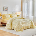 Yellow Plaid Seersucker Duvet Cover Set with Wide Ruffled Fringe, 3 Pieces Soft Bedding Set for All Season