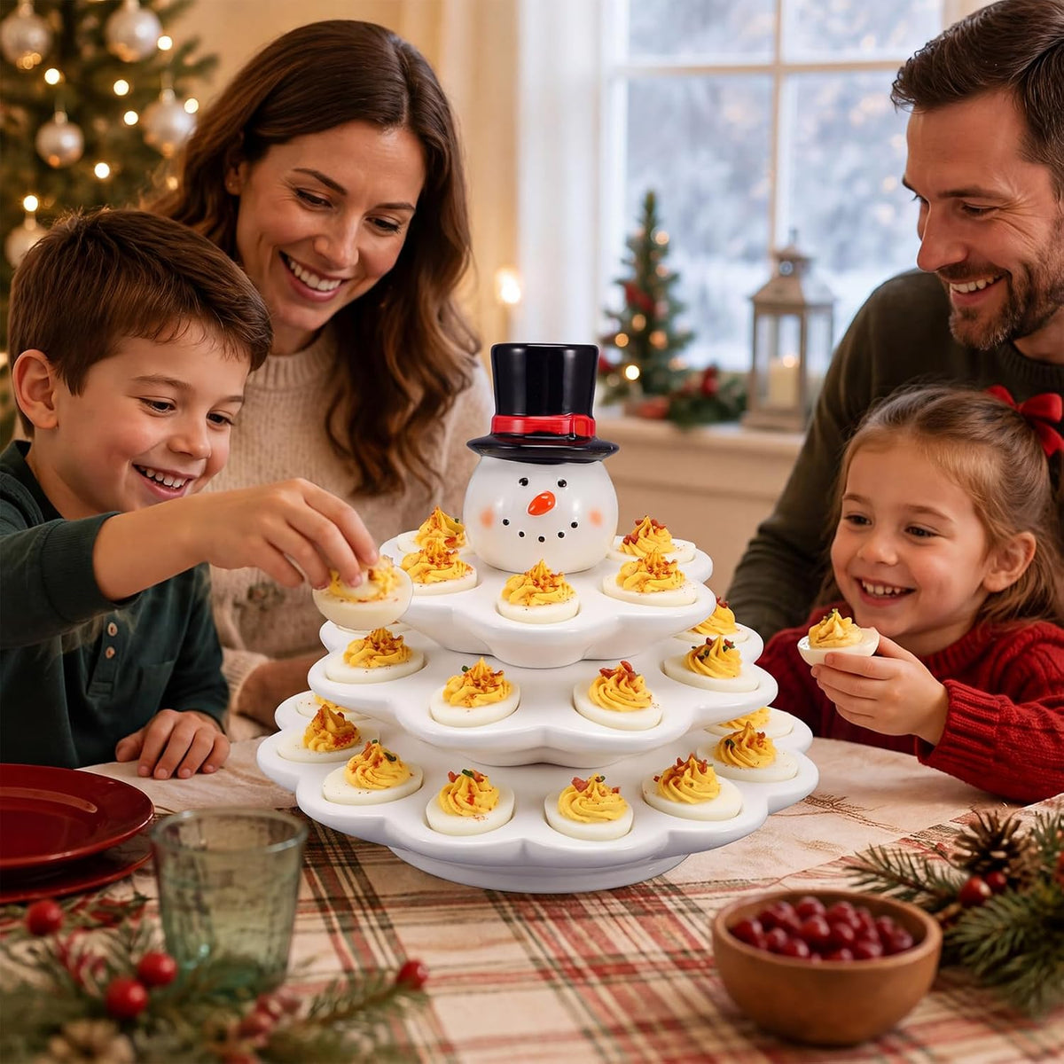 4 Layer Ceramic Snowman Christmas Tree Deviled Egg Platter, 26 Hole
