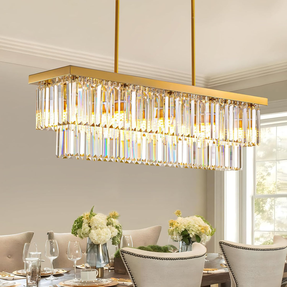 10-Light Gold Rectangular Raindrop Crystal Chandelier, Linear Light for Islands