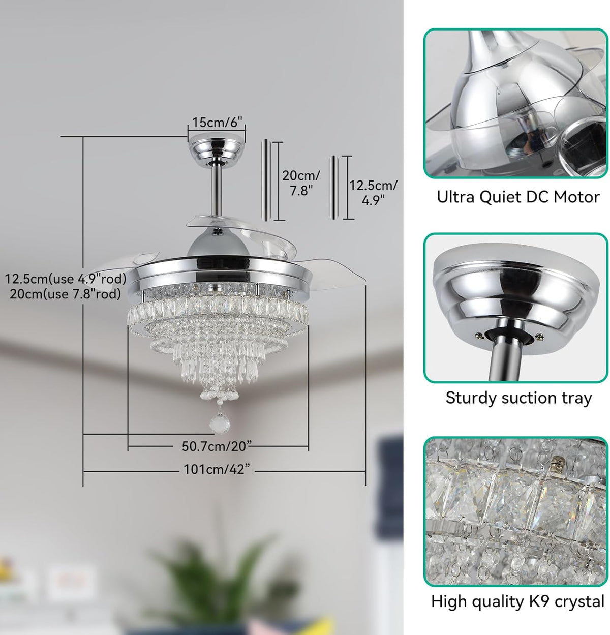 42" Modern Crystal Chandelier Ceiling Fan with Light & Remote,Dimmable LED Fandelier ,3 Color Temperatures,6 Speeds
