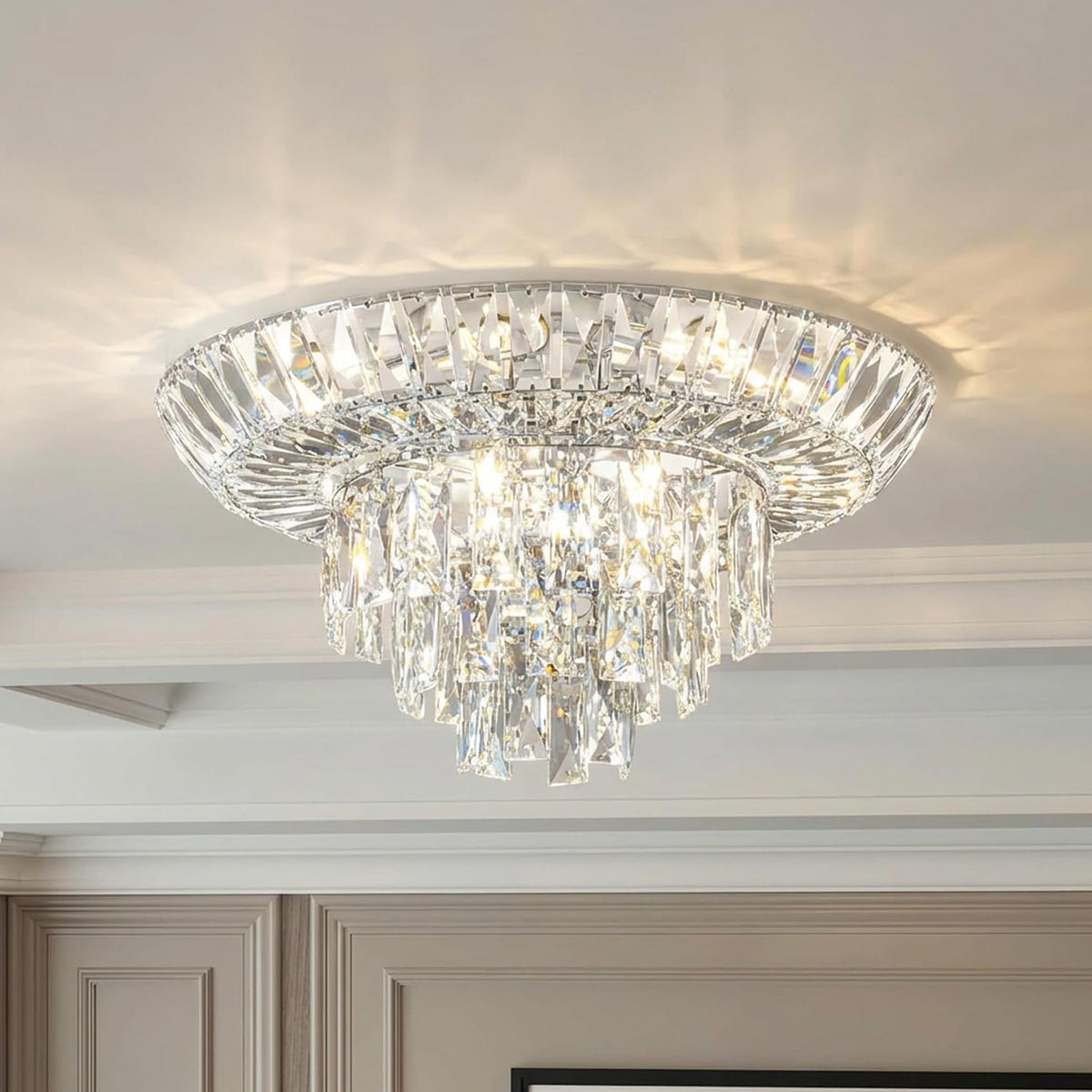 20 Inch Modern Crystal Flush Mount Ceiling Light, Twelve Sockets