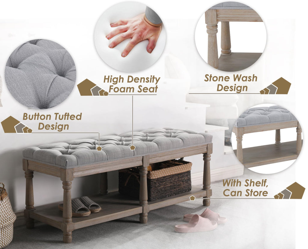 Farmhouse Storage Bench Wooden Entryway Upholstered Tufted Ottoman Bench End of Bed Hallway Organizer, Grey
