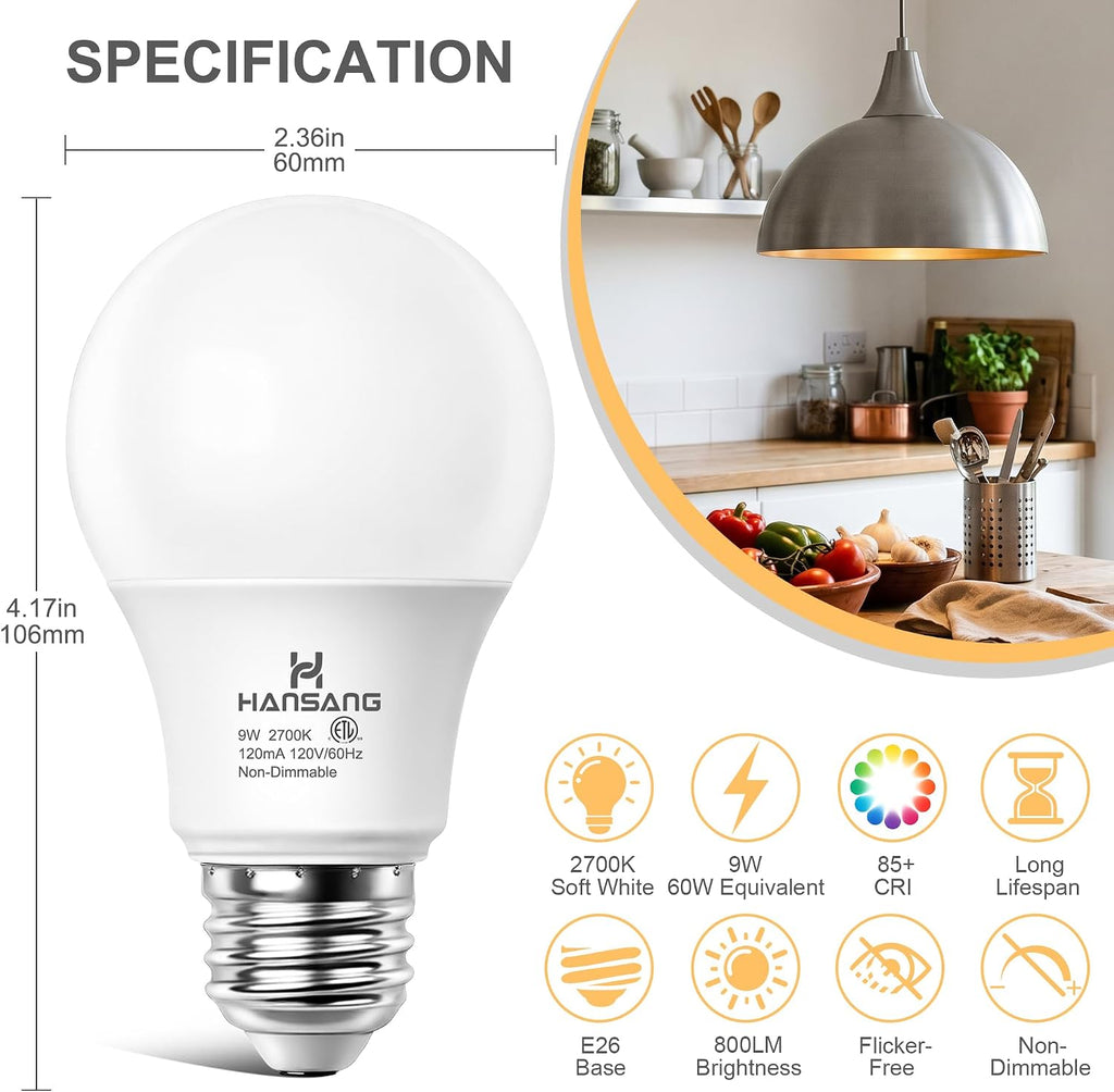 A19 LED Light Bulbs 2700K Soft White E26 Base 60 Watt Equivalent