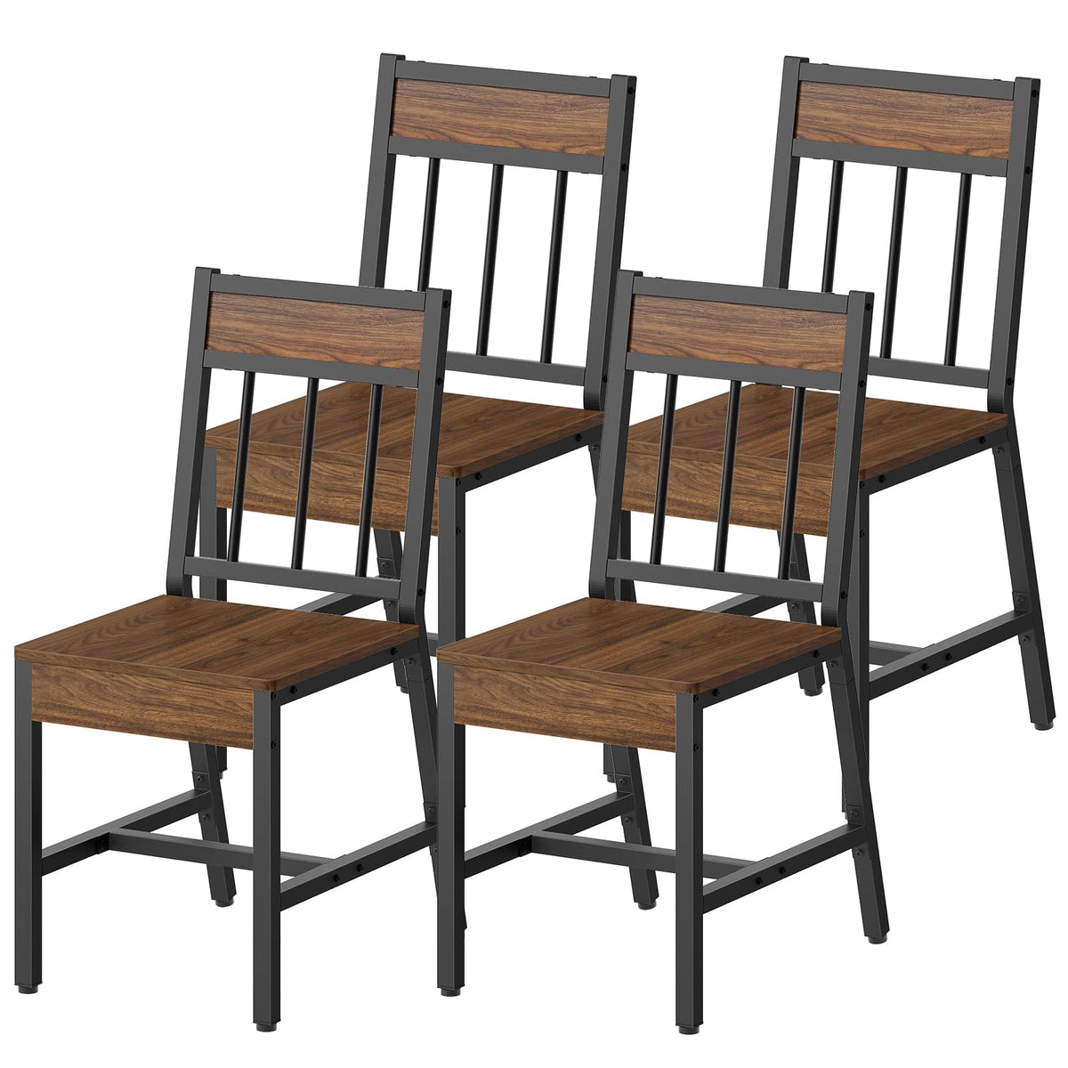 Dining Chairs Set of 4, Kitchen Chairs with Metal Frame, Slanted Back, Industrial Dining Chair Set, Dark Walnut and