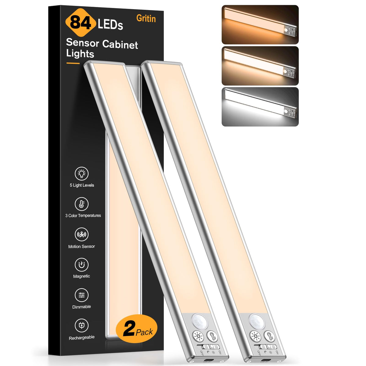 Under Cabinet Lighting 10.2inch,2 Pack Eye Caring 3-Color 4 Working Modes Dimmable Motion Sensor Light