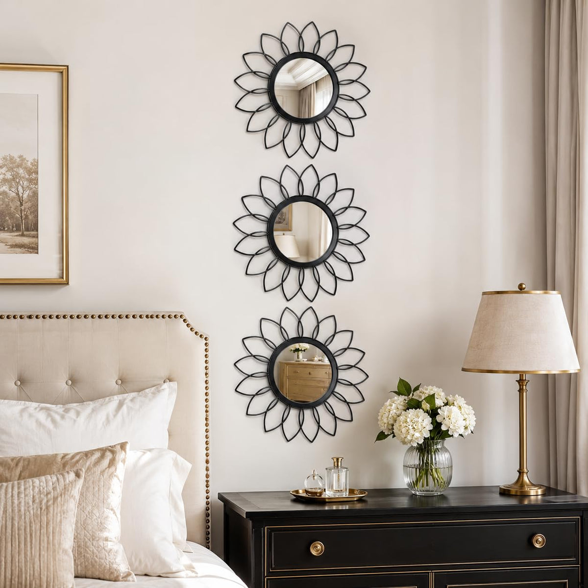 Black Flower Mirror Set of 3, 3PCS Metal Round Decorative Wall Mirrors, Floral Petal Accent Mirror Wall Decor