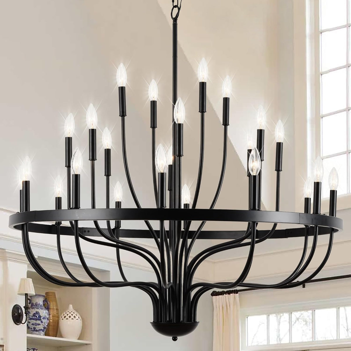 Twenty-Four-Light Black Iron Candle Chandelier for Tall Ceilings