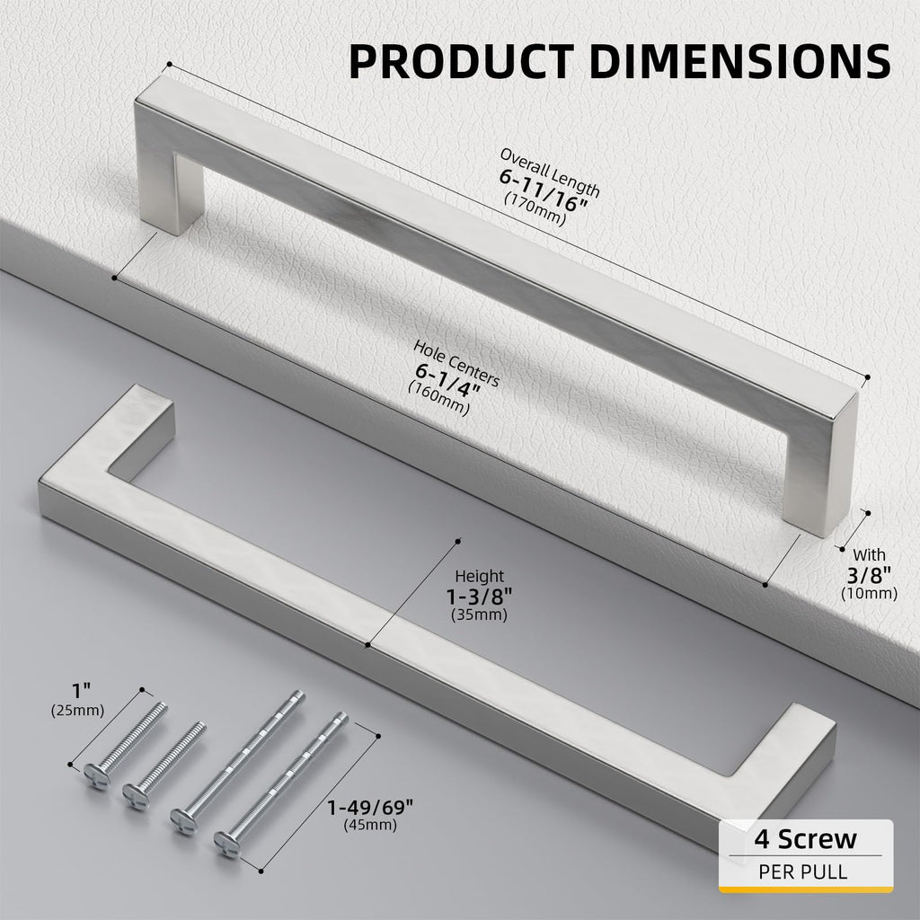 Brushed Nickel Cabinet Pulls 80 Pack 6-1/4 Inch, Square Drawer Handles, Stainless Steel, Screws Included, Silver