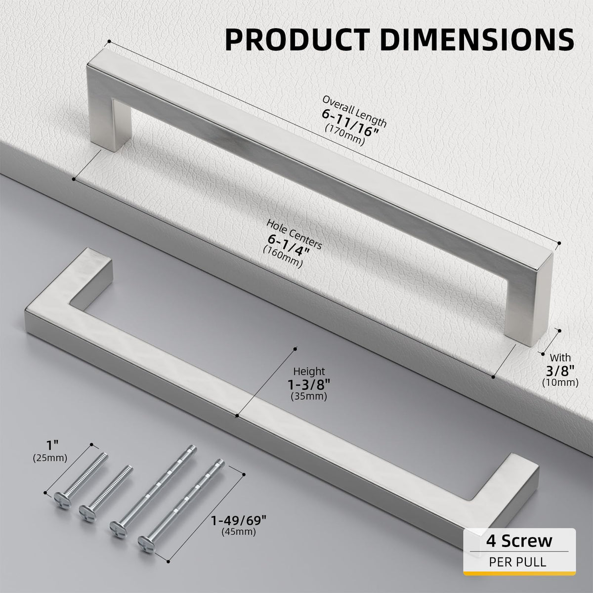 Brushed Nickel Cabinet Pulls 80 Pack 6-1/4 Inch, Square Drawer Handles, Stainless Steel, Screws Included, Silver