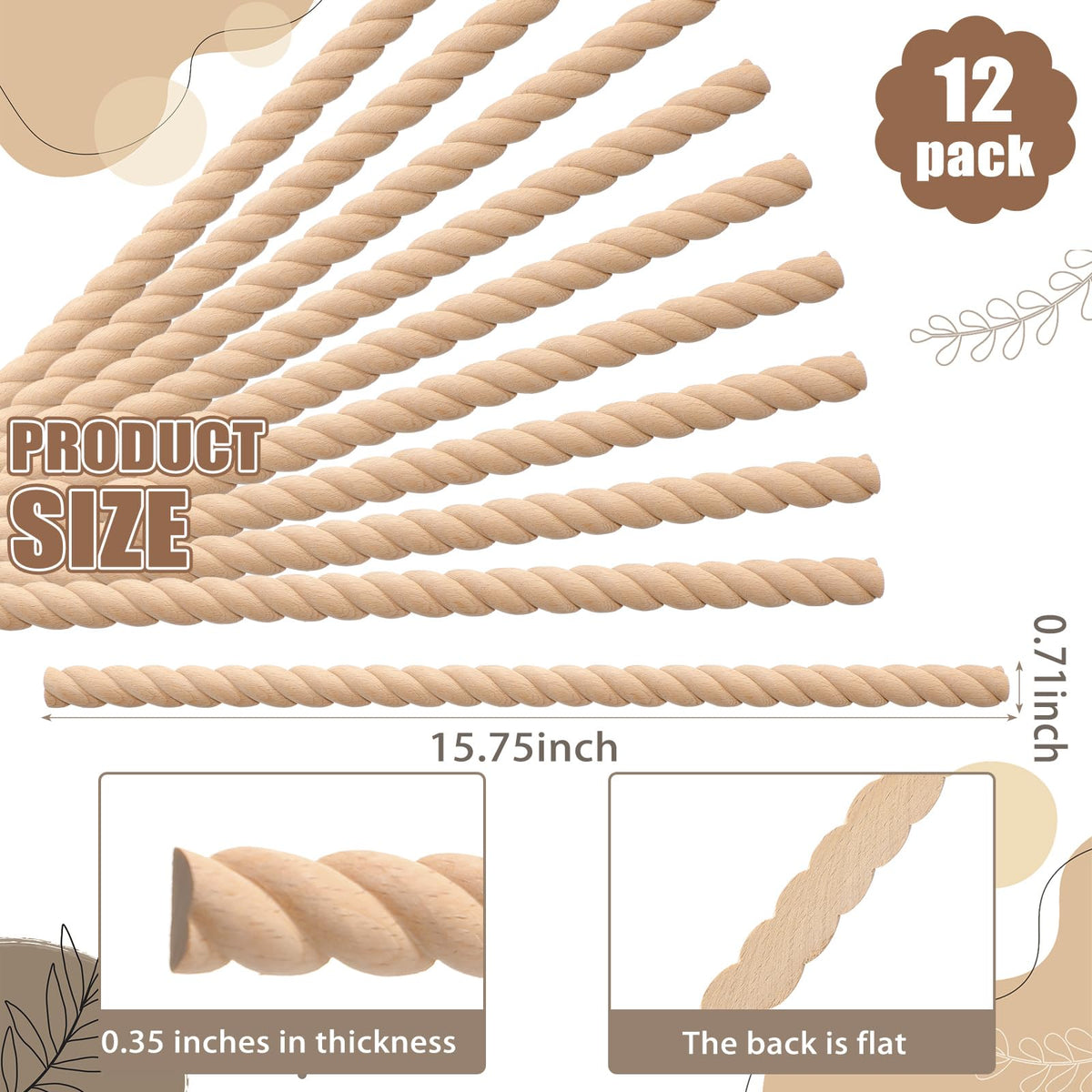 12 Pcs Unfinished 3D Wood Trim Decor, Twist, 18mm