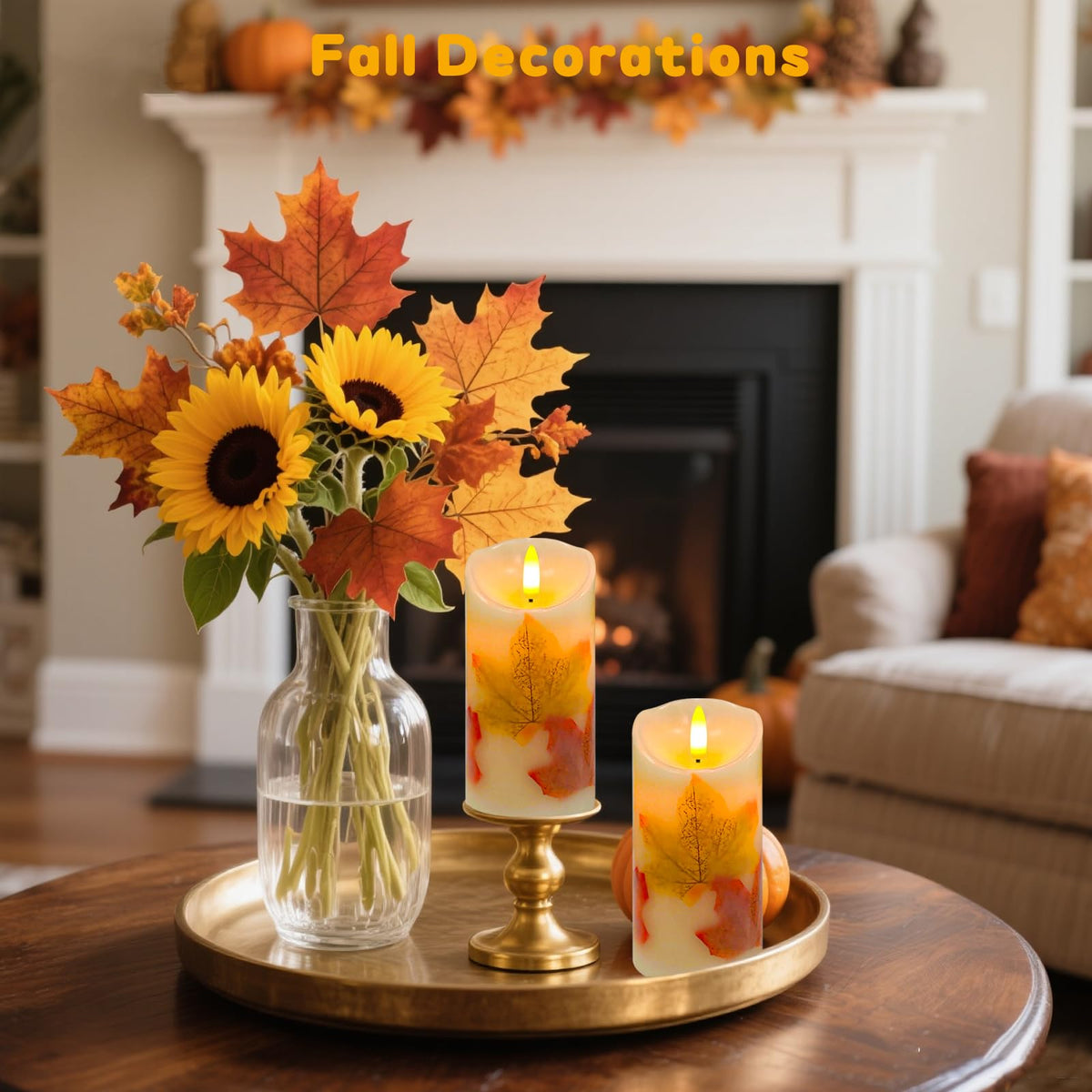 Maple Leaves Flameless Candles Set of 2, Fall Candles with Remote & Timer