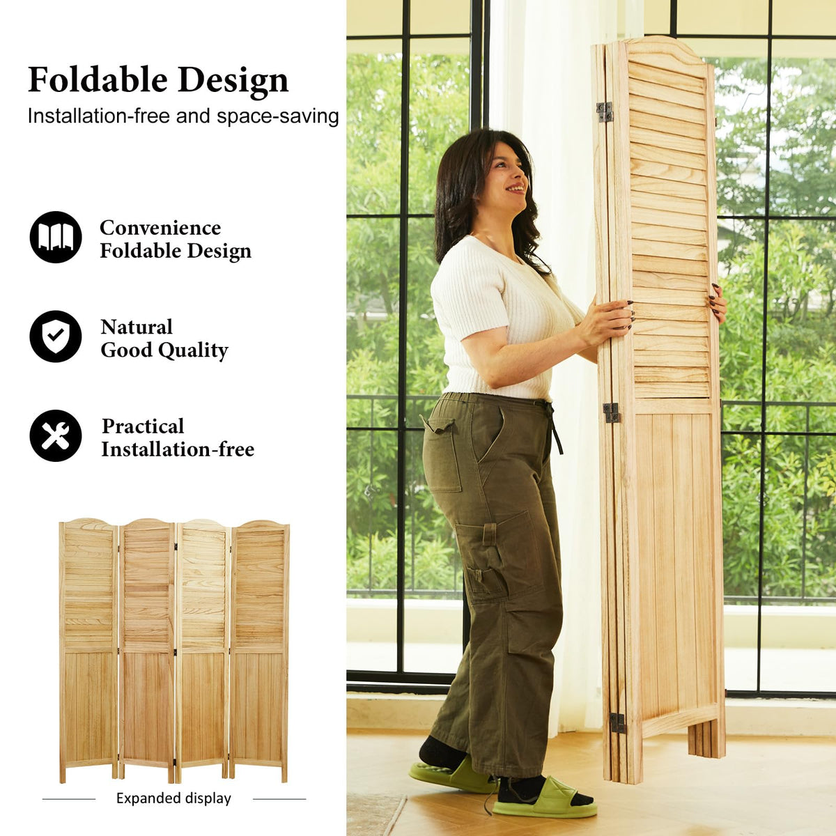 Room Dividers, 5.75Ft Individual Privacy Screens Foldable Wooden Louver & MDF Stable Wall Divider Bedroom, 4 Panels