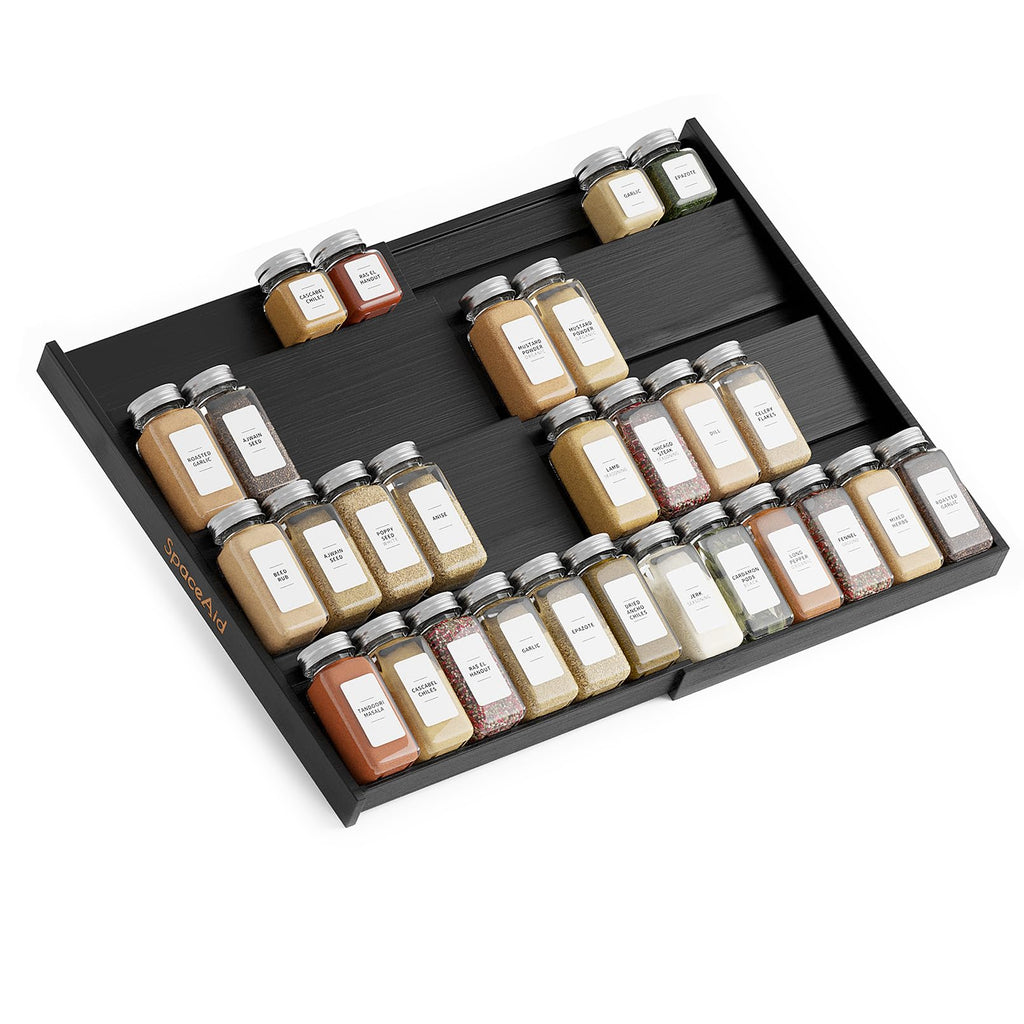 Bamboo Black Spice Drawer Organizer, (Need 3" Deep Drawer) Expandable 4 Tier Spices Rack for Cabinet, Kitchen