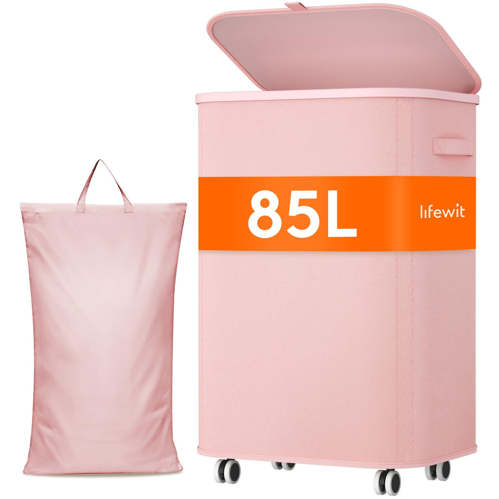 85L Large Laundry Basket with Wheels and Lid, Pink