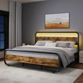 Bed Frame, Wood Headboard and Footboard, LED Lights, Rustic Brown