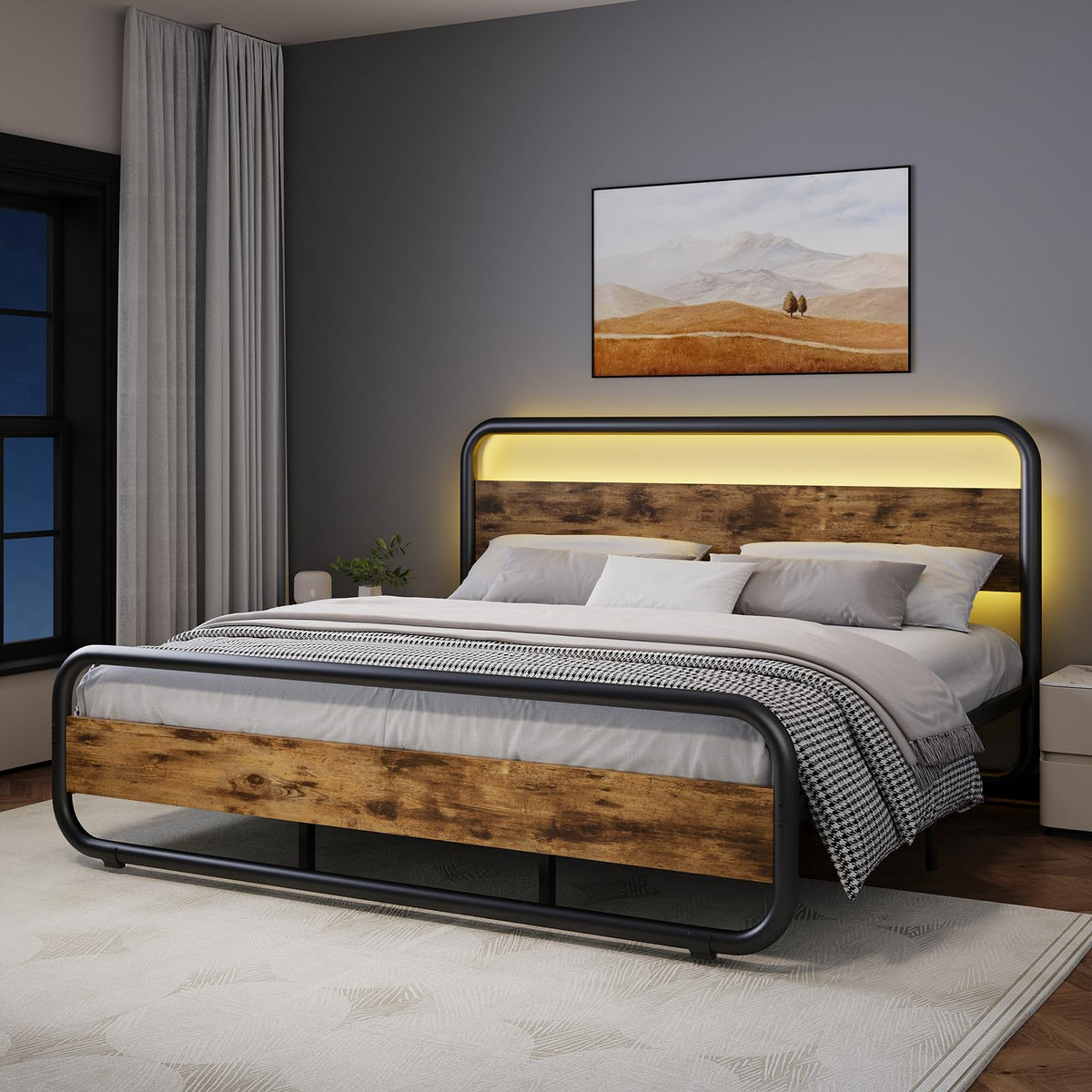 Bed Frame, Wood Headboard and Footboard, LED Lights, Rustic Brown