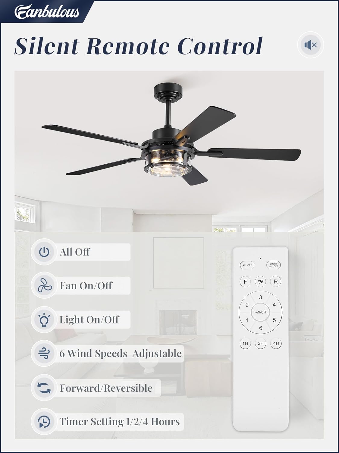 52 Inch Ceiling Fan with Light and Remote,Downrod Mount Farmhouse Ceiling Fan , Quiet 6-Speed Reversible DC Motor