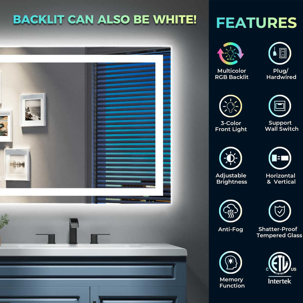 55x30 LED Bathroom Mirror with Lights, RGB Backlit Lighted Mirror