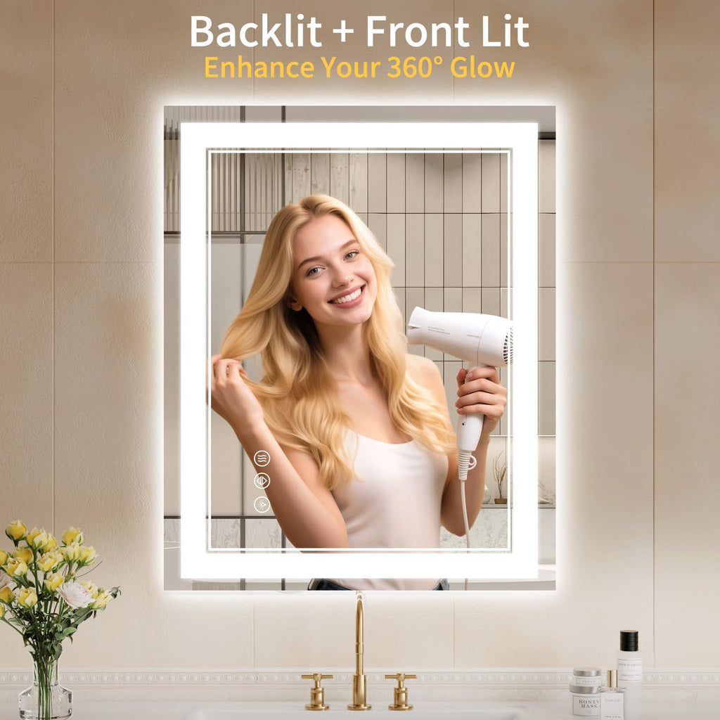 24"x30" LED Bathroom Mirror with Lights, Anti-Fog, Backlit + Front Lit, Dimmable, Led Vanity Mirror for Wall, Lighted