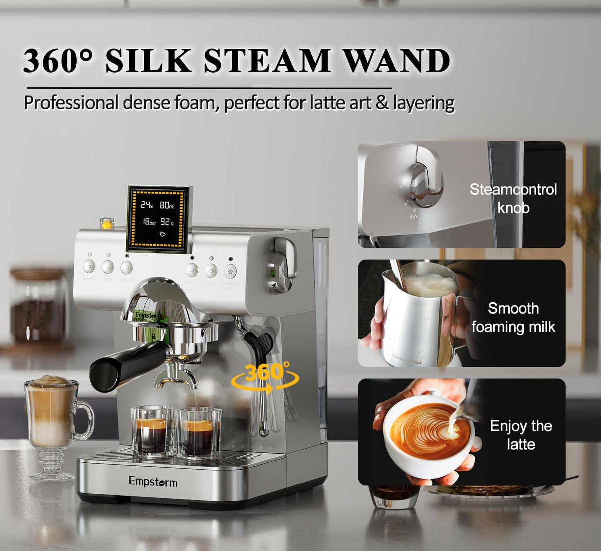 20 Bar Espresso Machine with Milk Frother Steam 1350W Silver