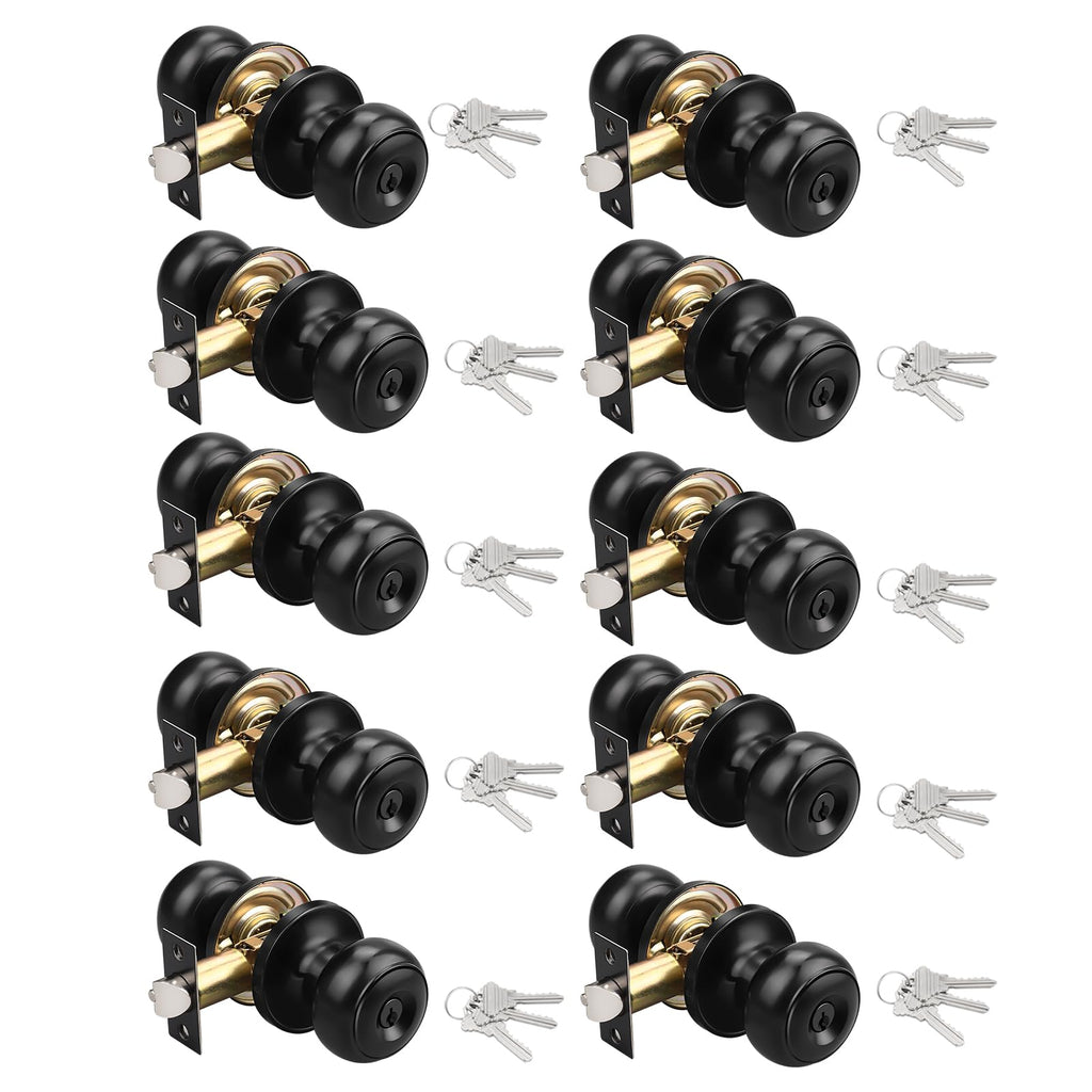 10 Pack Keyed Entry Door Knobs, Matte Black Door Knob with Lock and Key (Keyed Alike), Pack of 10 Door Knobs for