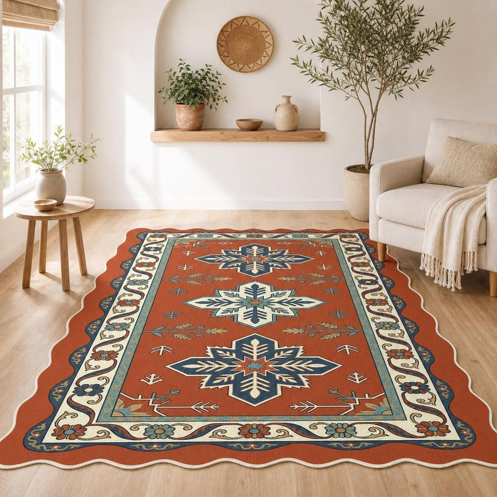 Washable Scalloped Area Rug, Boho Aztec, 5'x7'