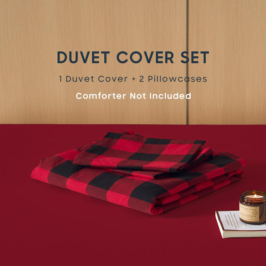 Gingham Cotton Duvet Cover Set, Plaid Buffalo Check Checkered Farmhouse, 100% Washed Cotton Textured Bedding Set, 3