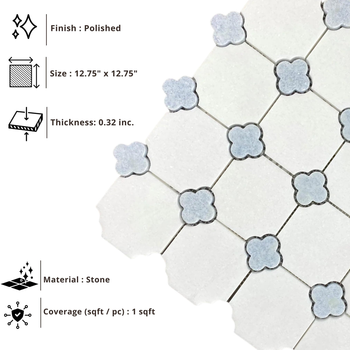 Polished Marble Mosaic Tile 12.75" x 12.75" - White Marble with Blue Clover Inlay, Mesh Mounted Wall & Floor Tile (5