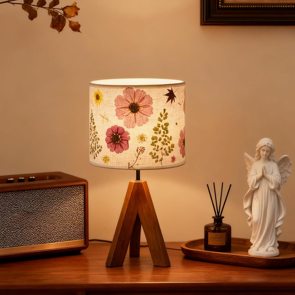 Dried Flowers Tripod Table Lamp 14.96in, 9W LED Color Cute Bedside Lamp with Flowers Linen Lampshade, Kid Room