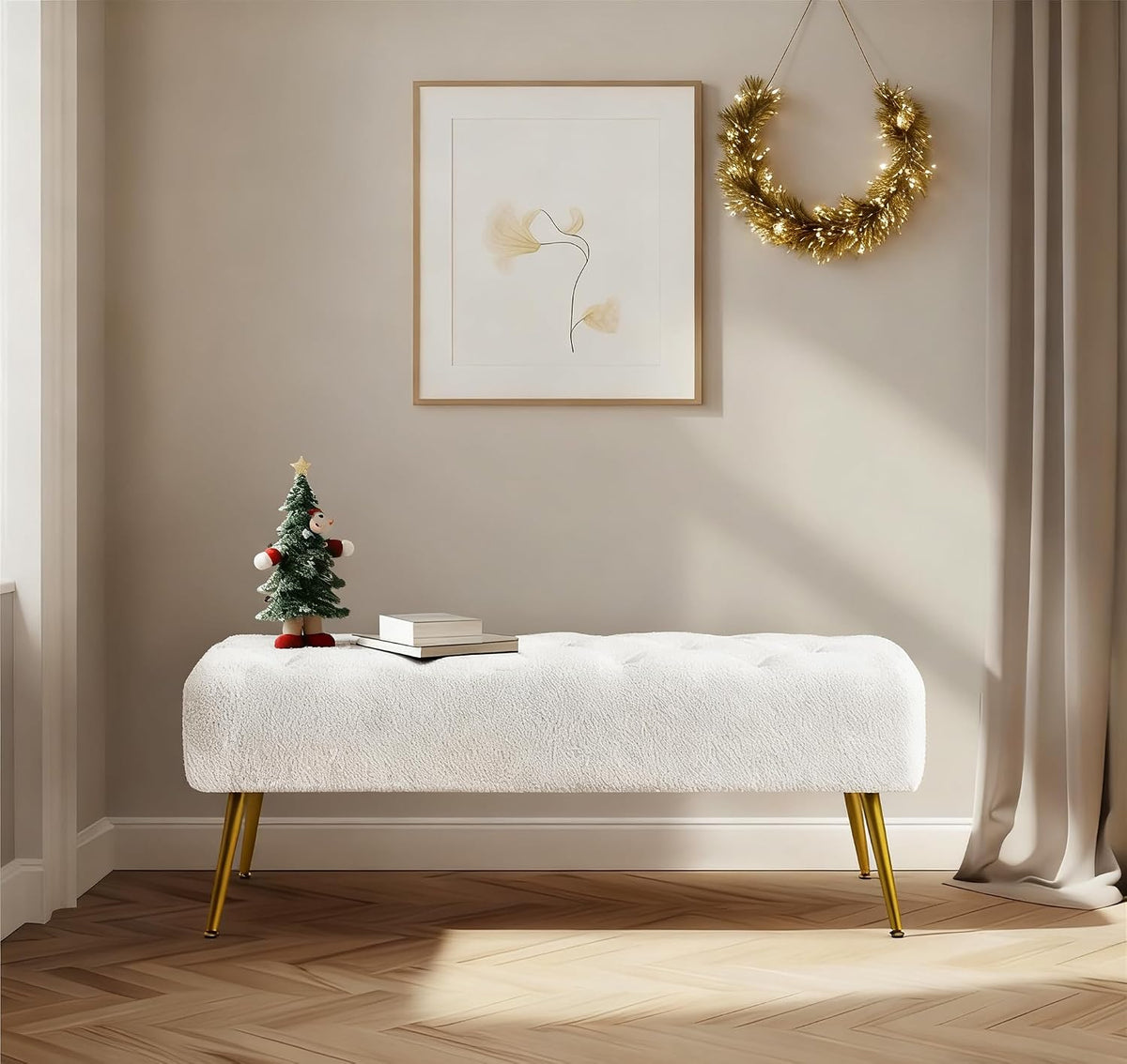 45in Boucle Ottoman Bench End of Bed, Ivory | Tufted Upholstered Bench Seat, Bed Bench with Tapered Gold Metal Legs