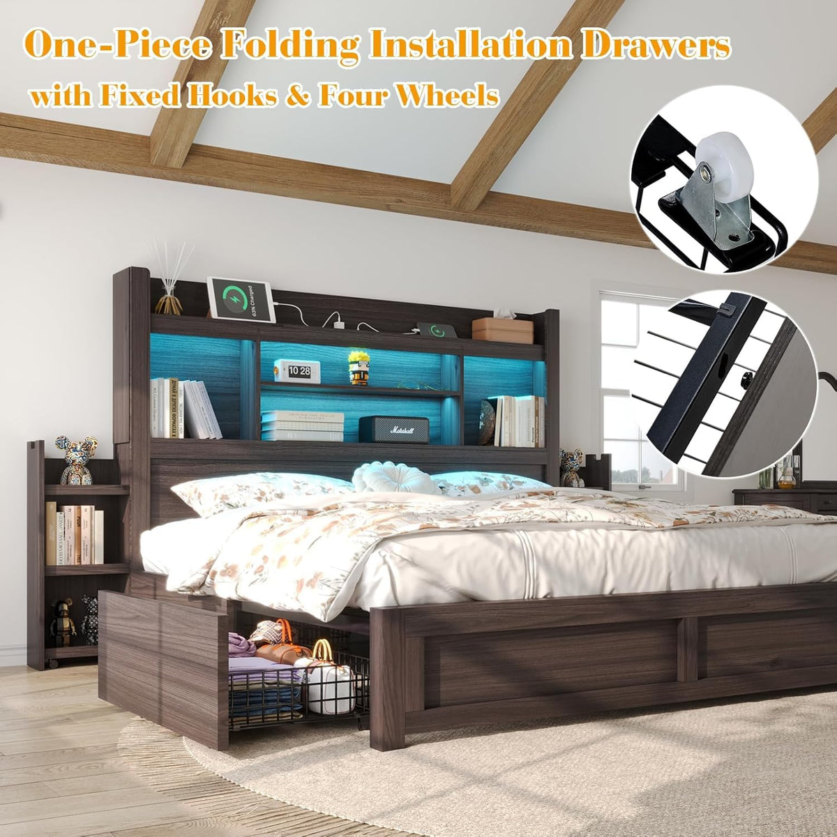 Bed Frame with Bookcase Headboard & Storage, Rustic, Black