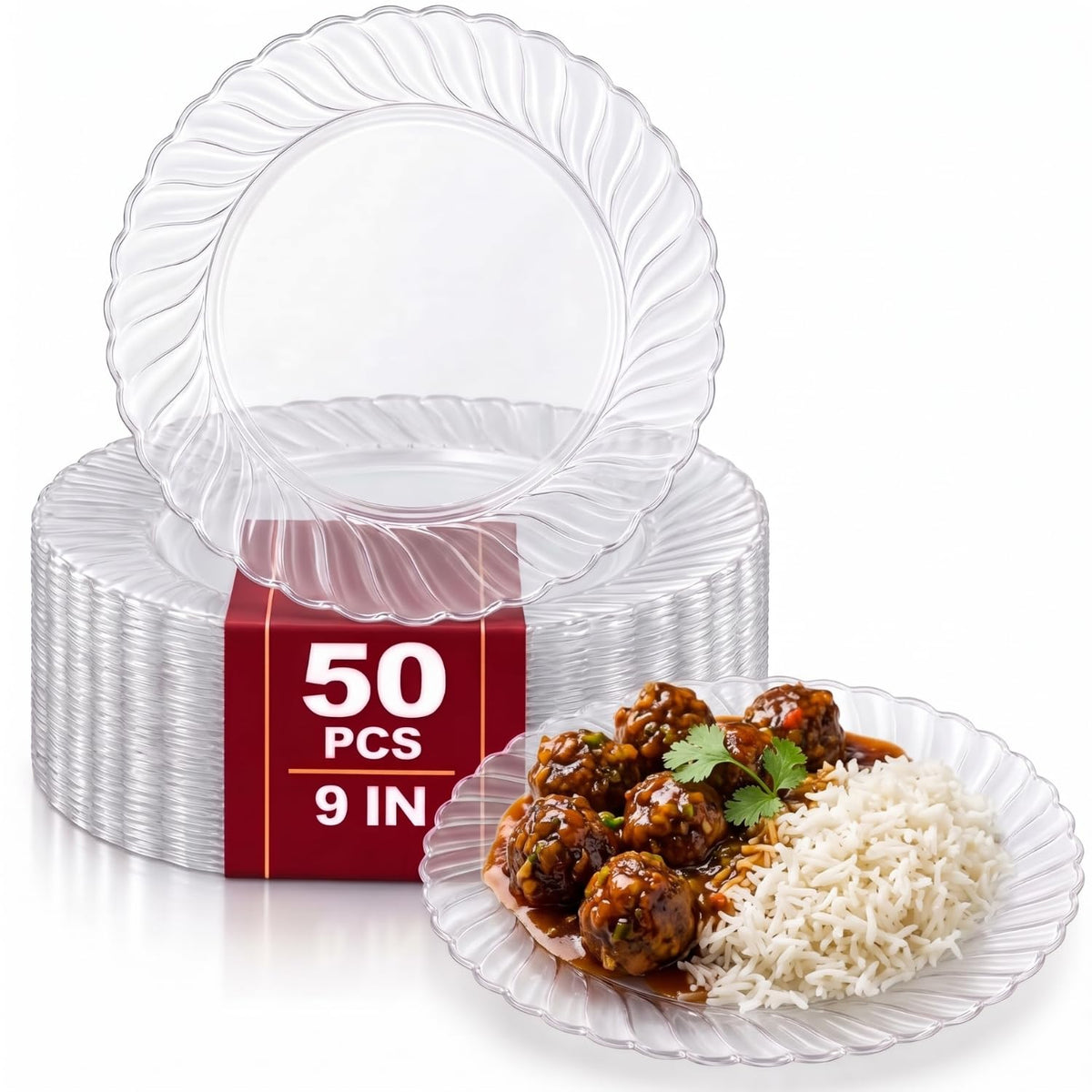 [50 PACK] Clear Plastic Plates | Heavy Duty Disposable Plate for all Events