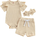 Baby Girls 3 Piece Ribbed Romper Sets Summer Toddler Ruffled Short Sleeve Onesie Elastic Waist Shorts and Bow Headband