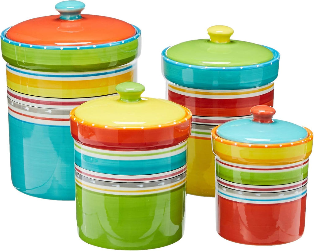 Mariachi 4-Piece Ceramic Kitchen Canister Set - Airtight Colorful Striped Storage Jars with Lids, 24 to 128 oz