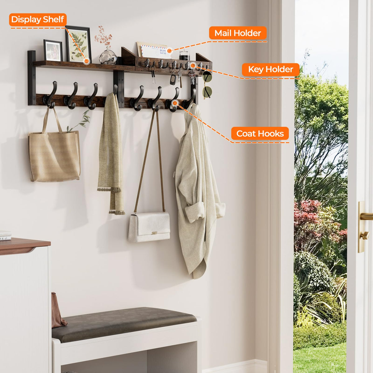 35" Coat Rack Wall Mount with Shelf, Rustic Brown