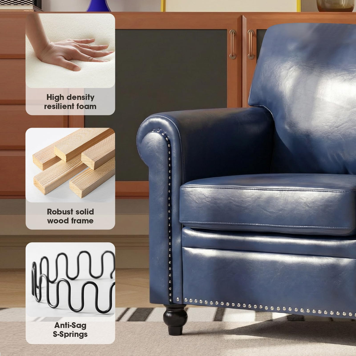 3 Piece Living Room Set, Chesterfield Sofa & 2 Accent Chairs, Faux Leather Couch Set with Nailhead Trim, Midcentury