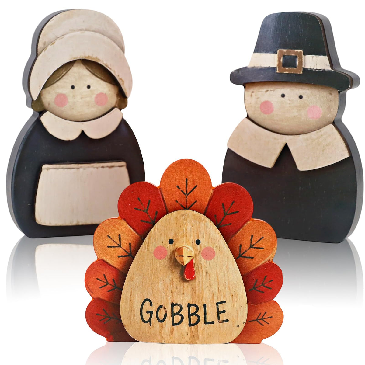 3 Pcs Thanksgiving Decor Fall Pilgrim Turkey Wooden Table Decorations, Thanksgiving Decorations Indoor, Pilgrim Decor